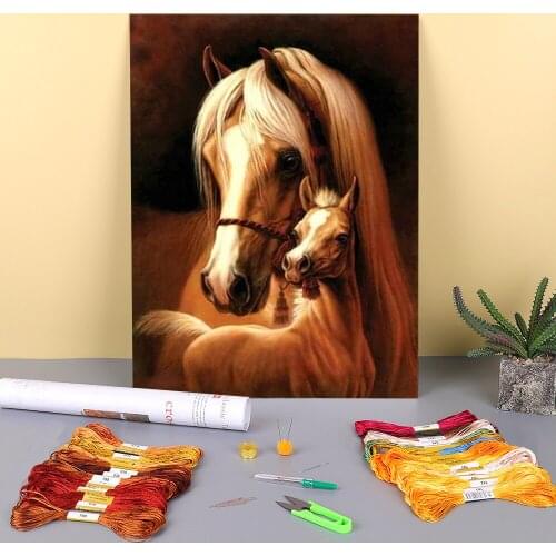 Animal Horse Printed Fabric 11CT Cross Stitch Complete Kit Embroidery DMC Threads Sewing Needlework Knitting Wholesale