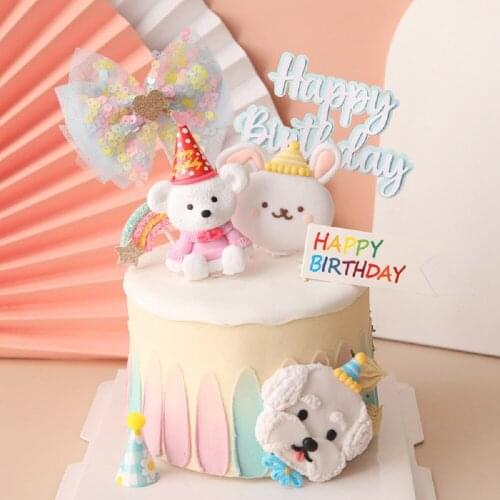 Korean Decorate Baby Happy Birthday Party Cake Toppers Boy Baby Shower Soft pottery Bear Party Bunny Dog Baking Cupcake Supplies
