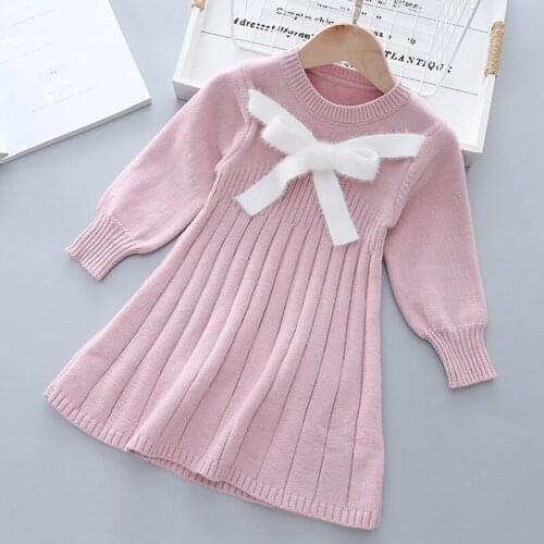 New Spring Autumn Girls Dress Cute Long Sleeve Bow Solid Color Princess Warm Sweater Knitted Dress Children Clothes
