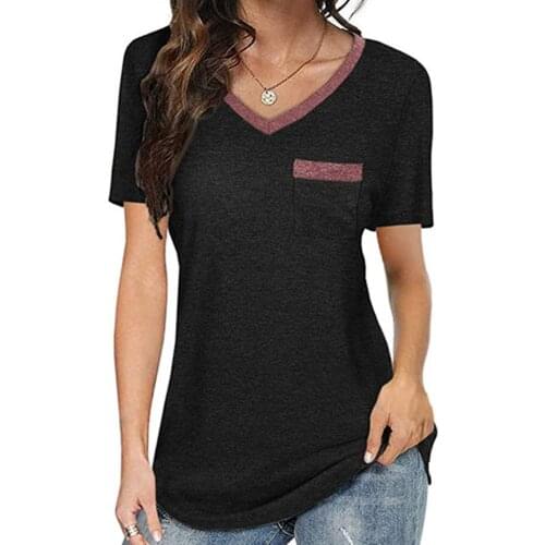 Hot Spliced Pocket V-neck Casual Short Sleeve Pullover Loose Tops Women Summer Slim Basic Tee Shirt Femme Ladies Clothes Tshirts