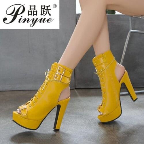 Women Ankle Boots Open Peep Toe Shoes Thin High Heels Shoes Buckle Platform Short Boots Cross Tied Footwear size 34-43