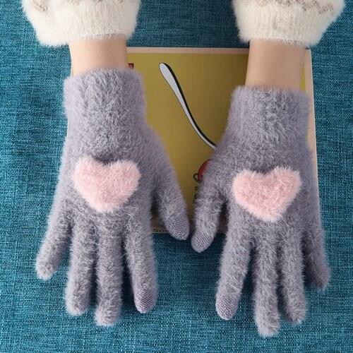 Gloves Knitted Women Touch Screen 2021 New Winter Soft Rabbit Wool Knitted Gloves Warm Lovely Girls' Pink Heart Mittens Gloves