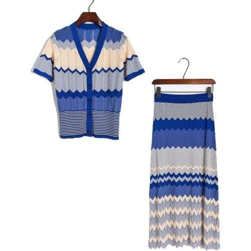 2 pieces set 2020 summer women elegant striped hollow out knitted v-neck single breasted sweater top + long skirt sets JC402