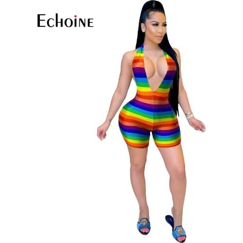 Echoine Summer Colorful Striped Playsuit Women Sleeveless V-neck Halter Backless Stretchy Playsuits Sexy Fashion Rompers Outfits