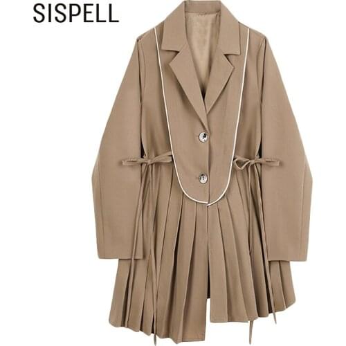 SISPELL Patchwork Ruffle Dresses For Female Lapel Collar With Girdle Lace Up Bowknot High Waist Slimming Womens Elegant Dress