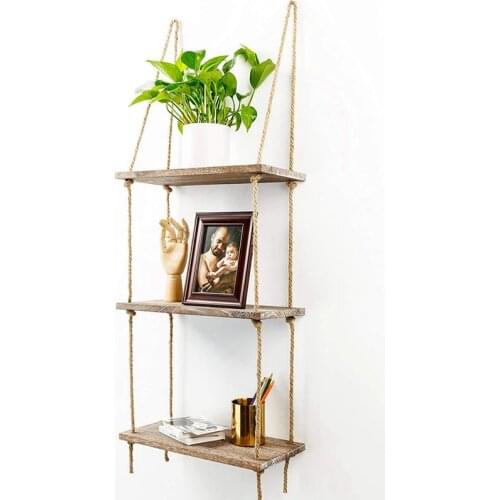 1 2 3 Tier Rustic Wooden Hanging Rope Shelf-Handmade Solid Wood Floating Shelves Home Decorative Wall Mounted Rack