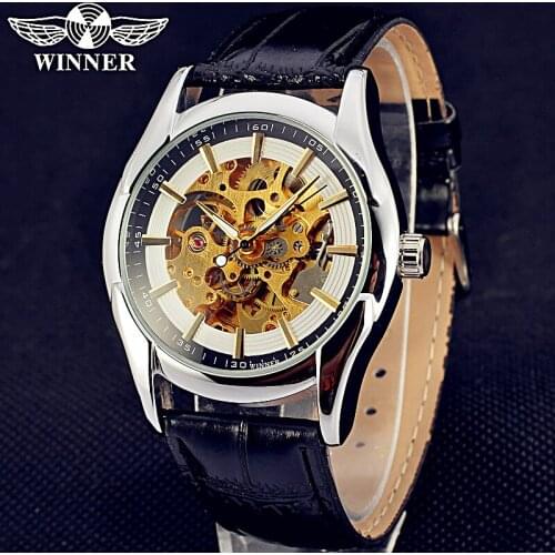 Top Brand WINNER Golden Fashion Leather Men Mechanical Watch Skeleton Automatic Watch For Male Dress Wristwatch Relogio Masculno