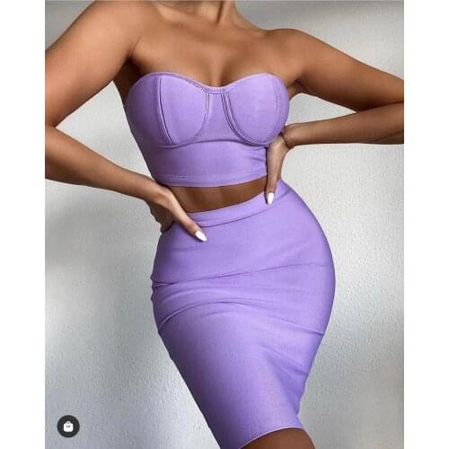 Top Quality Purple Celebrity Two Pieces Set Strapless Knee Length Rayon Bandage Dress Cocktail Party Dress Vestidos