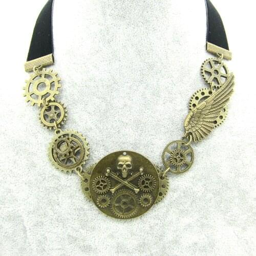 2019 New Original Design Bronze OX Multi Gears Steampunk Short Velvet Skull Necklace