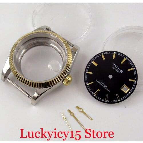 PARNIS 36MM Two Tone Gold Coated Automatic Watch Case fit MIYOTA 8215 8205 821A Seeing Back Jubilee Band Hand Dial Set