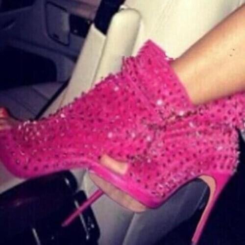 Sexy Gold Rivets Peep Toe High Heel Boots Pink Black White Leather Stiletto Heel Dress Shoes Full Spikes Studded Ankle Boots