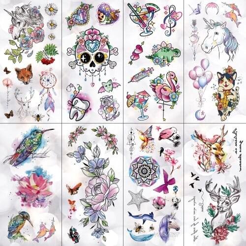 Sugar Skull Unicorn Flamingo Waterproof Temporary Tattoo Sticker Flower Deer Flash Tattoos Body Art Fake Arm tatoo Women