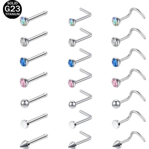 AOEDEJ 20G G23 Titanium Nose Studs Round Cubic Zirconia Indian Nose Piercings Stud 2MM/3MM L Shape Nostril Piercing Body Jewelry