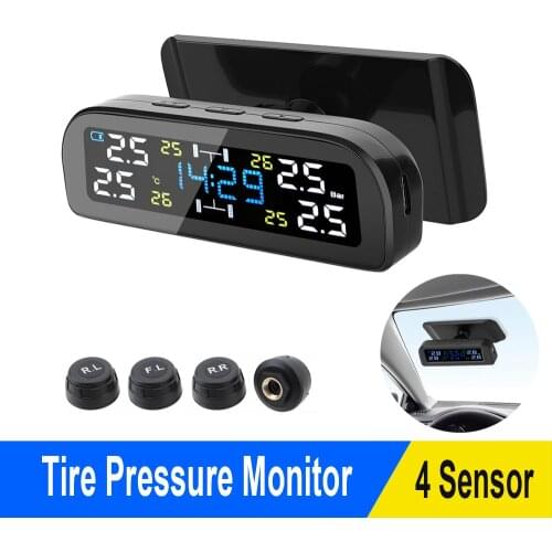 Car Solar TPMS Tire Pressure Monitoring System Tyre Temperature Warning Fuel Save With 4 External Sensors Digital Clock