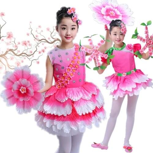 Pink peach flower dance costumes for girls modern dance clothing kindergarten performance clothing festival clothes