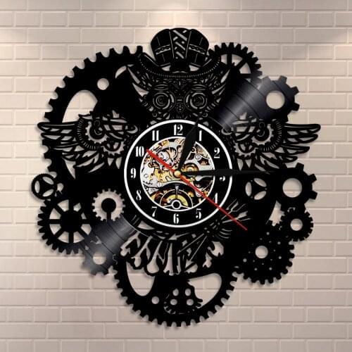 Vintage Vinyl Record Clock Home Decor Steampunk Owl Wall Art Wall Clock Gear Cog Night Owl Steampunk Personalized Wall Watch