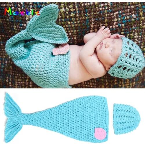 Crochet Blue Mermaid Tail Photography Props Knitted Newborn Girls Mermaid Costume Crochet Baby Hat Cocoon Set MZS-14025