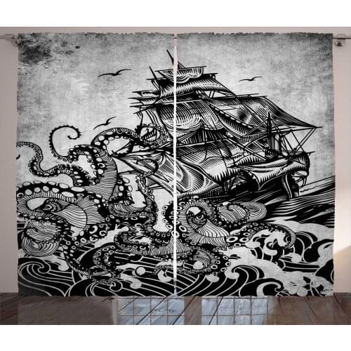 Ship Curtains Nautical Scene with Waves and Kraken Satin Fabric Drapes for Living Room Bedroom 2 Panel Window Set
