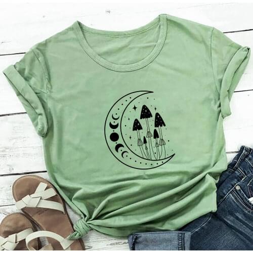Magic Mushroom And Moonphase Print 100%Cotton Women Tshirt New Arrvial Summer Casual Short Sleeve Top Nature Shirt Eco Life Tee