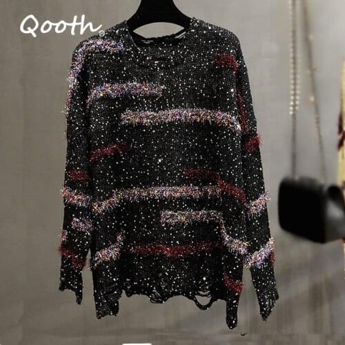Qooth New Lurex Bling Sweaters Women Autumn O-neck Shiny Jumpers Hollow Out Sequin Sweater Knit Pullover Pull Mujer Femme qh2180