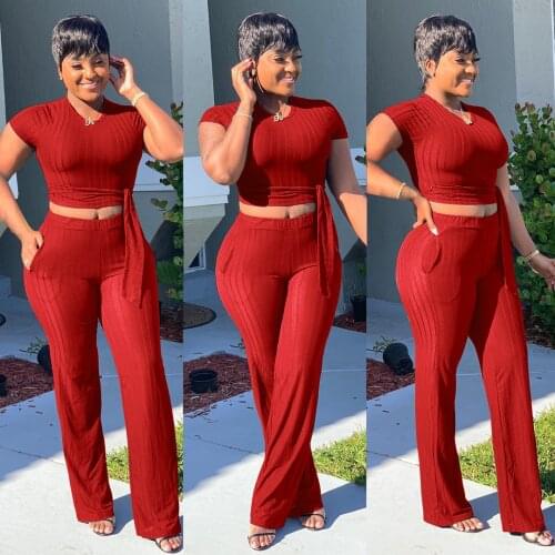 S-XXL Womens Short Sleeve Ribbed Tie Up Crop Top Pockets Loose Long Pants Set 2 Piece Outfits Jumpsuits