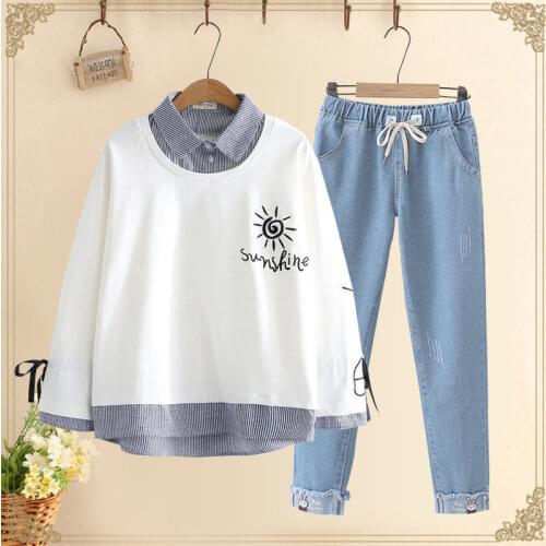 Women 2020 Autumn Winter New Fashion Sports Suit Female Tracksuit Patchwork T Shirt + Jeans Two Piece Set Matching SetS Y825