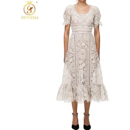 SMTHMA Ladies Hollow Out Lace Summer Long Dress Women O Neck Short Sleeve Party Dresses High Quality 2021 New Clothes Vestidos