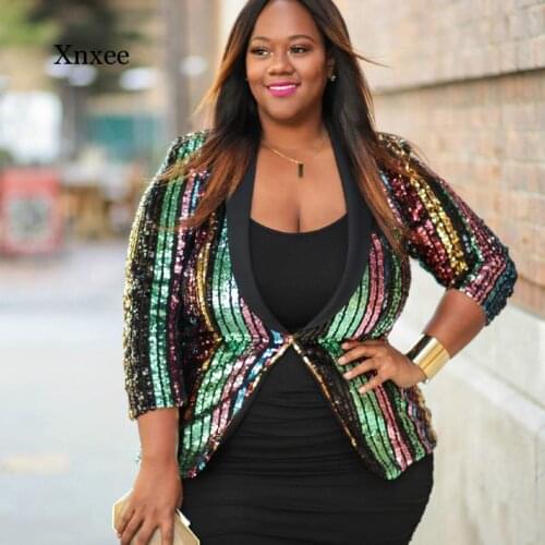 2021 Spring Plus Size Womens Coat Full Sleeve Casual High Street Commuter Sexy Nightclub Sequined Coat Slim Fit Striped Plus Si