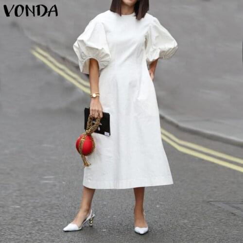 Fashion Casual Dress 2021 VONDA Woman Summer O Neck Short Lantern Sleeve Dresses Bohemian Party Vestidos Femme