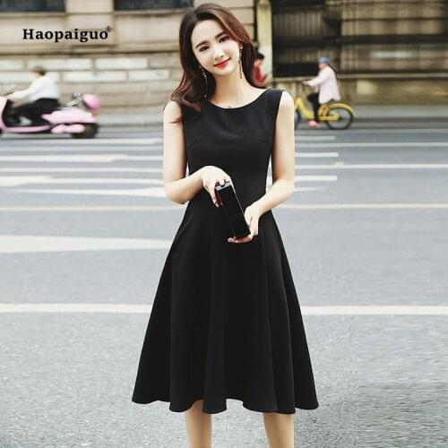 Plus Size Big Swing Dress 2019 Summer Women Black O-neck Sleeveless Tank Elegant A-line Dress Office Party Club Ladies Dresses