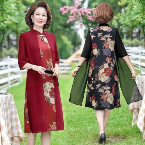 New Fake Two Piece Middle-Age Women Summer Chiffon Dress Print Half Sleeve Plus Size Fashion Cheongsam Party Vestido Mother 2021