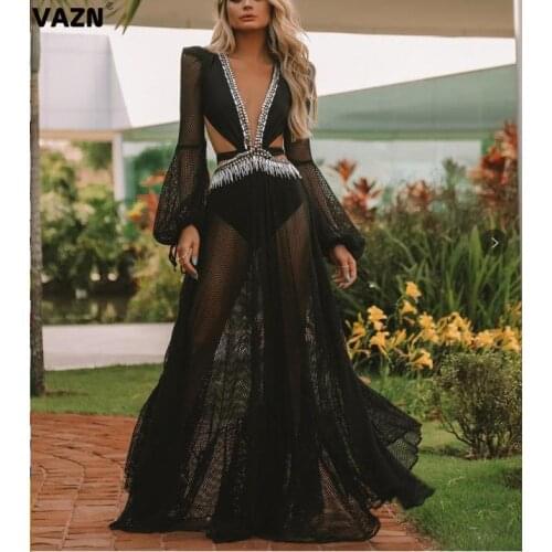 VAZN New Floor-length Evening Gown Women Elegant Fashion Sequins Big Swing Dress Deep V-neck Sexy Formal Dresses Black Dresses