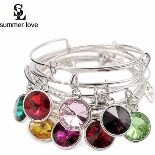 5Pcs/Lot Crystal Birthstone Bangle Bracelet Charm Bangle Expandable Wire Bracelet For Women Birthday Gift For Best Friend