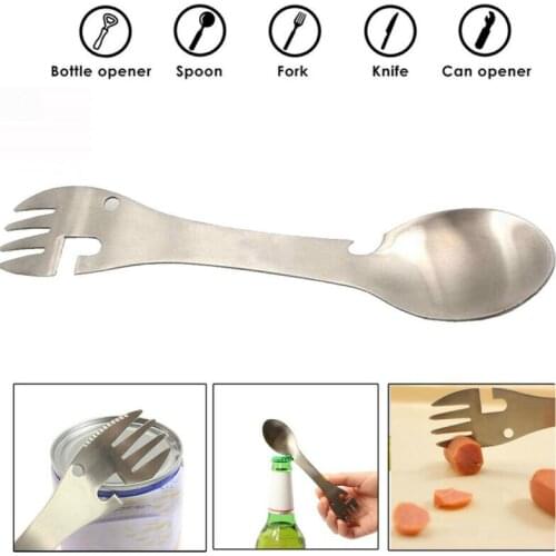 5 in 1 Multifunction Spoons Fork Bottle Opener Stainless Steel Outdoor Picnic Cookware