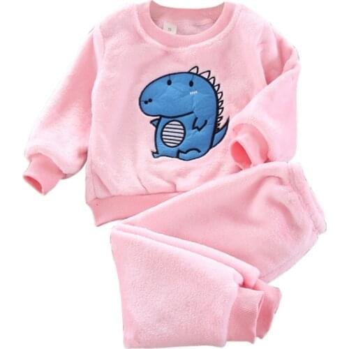 Kids Home Clothes Autumn Winter Childrens Dinosaur Pattern Clothes Cute Suit Baby Boys Girls Velvet Underwear Set