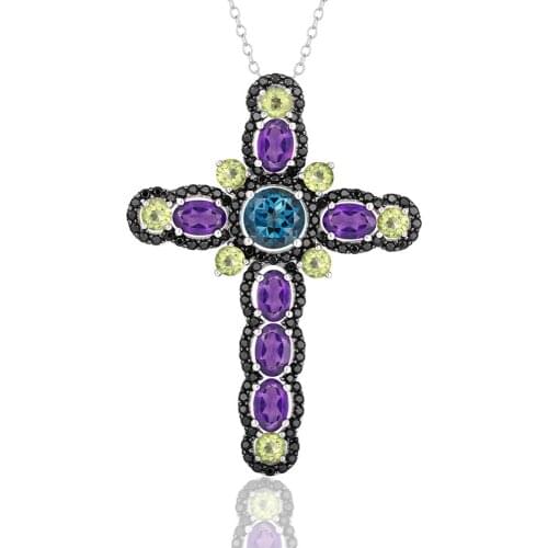 GZ ZONGFA Latest Design Blue Topaz Amethyst Multi Gemstone Pendant Necklace Fine Jewelry 925 Sterling Silver Cross