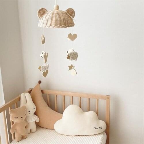 INS Wooden Rattan Baby Bed Bell Wind Chime Kids Room Decoration Wall Hanging Ornaments Nursery Decor Craft Pendant Photo Props