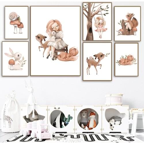 Cartoon Cute Girl Rabbit Deer Fox Mushroom Canvas Painting Nordic Posters And Prints Wall Art Pictures For Baby Kids Room Decor