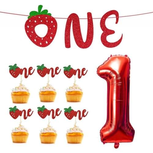 Baby Girls Strawberry Sweet ONE First Birthday Summer Party Decor Glitter Paper Banner Cake Topper Number Balloons Fruit Theme