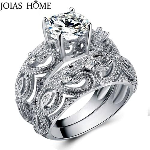 JoiasHome 925 Sterling Silver Ring Princess-Style Hollow Platinum Wedding Ring Pair Set Size 5-12