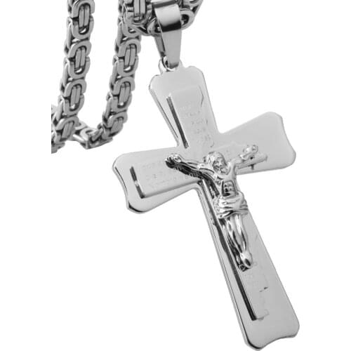 Hipper Stainless Steel Silver Color Christian Jesus Cross Pendant With 5mm Byzantine Chain Necklace Mens Boys Biker Jewelry