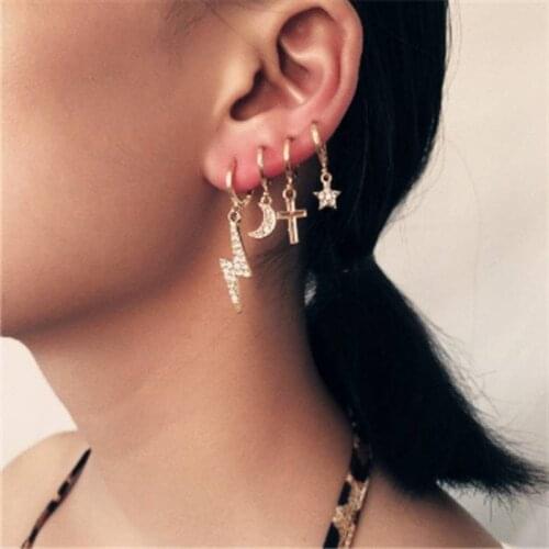 Fashion Personality Womens Earrings Creative Lightning Cross Star Moon Diamond Ear Clip 4 Piece Set 2021 New Trend Party Gift