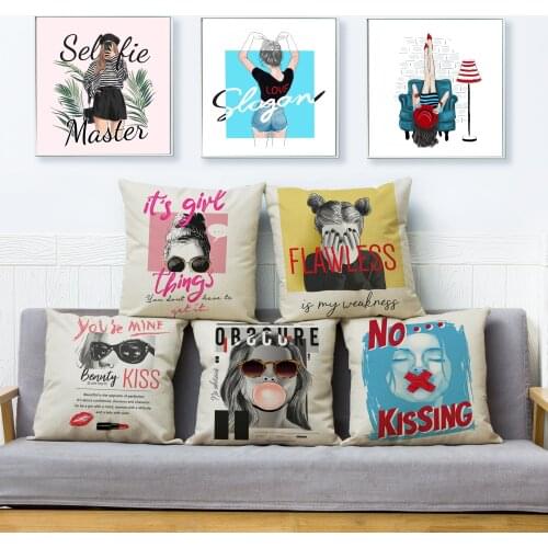 Fashion Girls Print Cushion Cover 45*45 Beige Linen Cushions Covers Cute Women Pillowcase Modern Home Decor Throw Pillows Cases