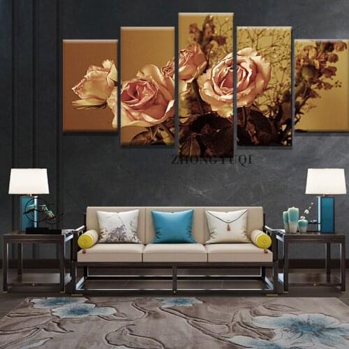 Wall Art Canvas Painting 5 Pieces Retro Rose Flower Modern HD Printed Modular Pictures Frame Living Room Home Decor Posters