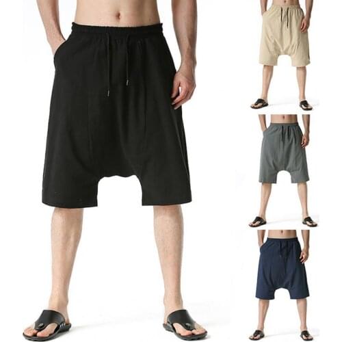 Casual Shorts Men Fashion Style Baggy Shorts Solid Color Drop Crotch Men Mid Rise Drawstring Multi-pockets Short Pants for Home