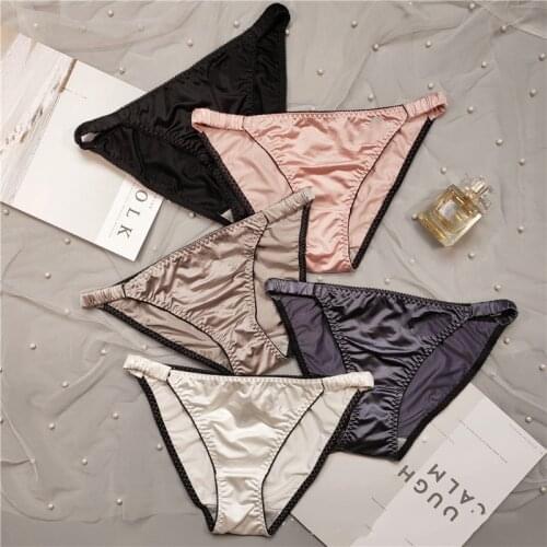 Sexy Girl Thongs Women Glossy Underwear Panty Low Waist Solid Color Satin Fabric Briefs Embroidery Fitness Sports Underpants