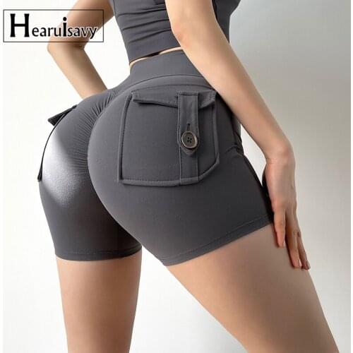 Naked Feeling Fabric Pocket Fitness Shorts Women Sport High-Waisted High Stretch Yoga Shorts Elastic Push Up Workout Tights