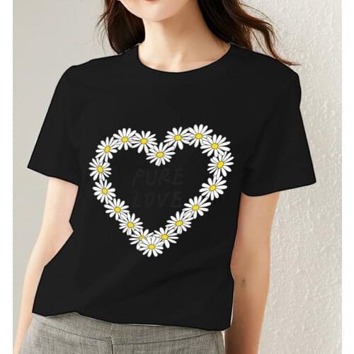 Womens T-shirt Love Little Daisy Pattern Series T-shirt Casual Slim Black Printed Soft Short Sleeve Top O-Neck Ladies Clothing