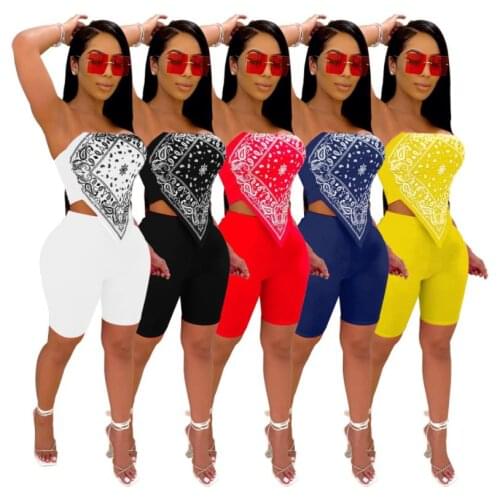 2Pcs Women Summer Outfit Paisley Print Strapless Off-Shoulder Tank Tops + Solid Color Tight Shorts for Lady 5 Colors