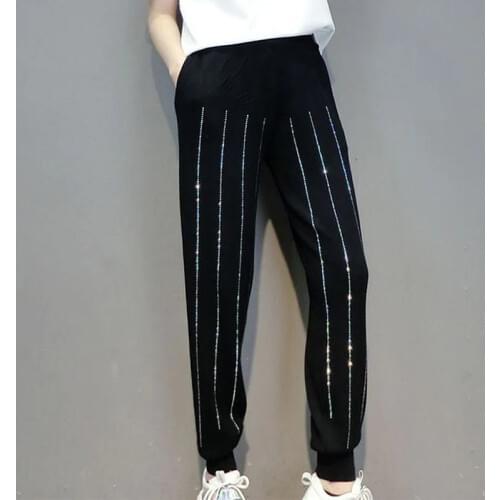 2020 Summer Pants Women Heavy Industry Vertical Bar Hot Drill Knitted Women Pants High Waist Nine Points Harem Pant ropa mujer